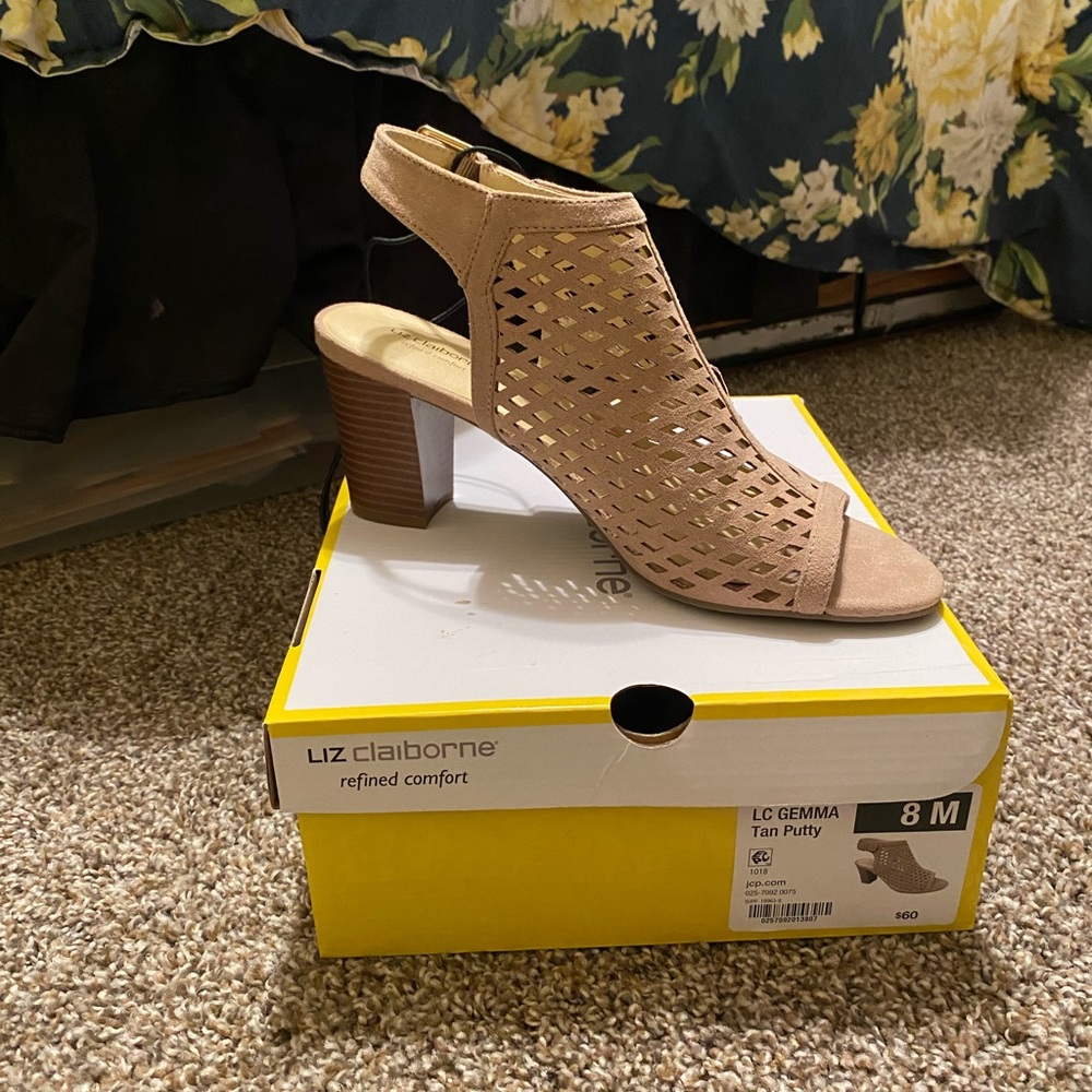 Tan open toe booties